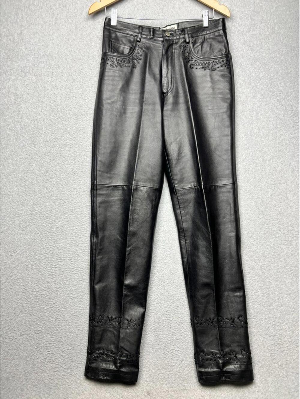Vintage Bagatelle Black High Rise Leather Pants 8 Beaded Straight Leg Goth Moto